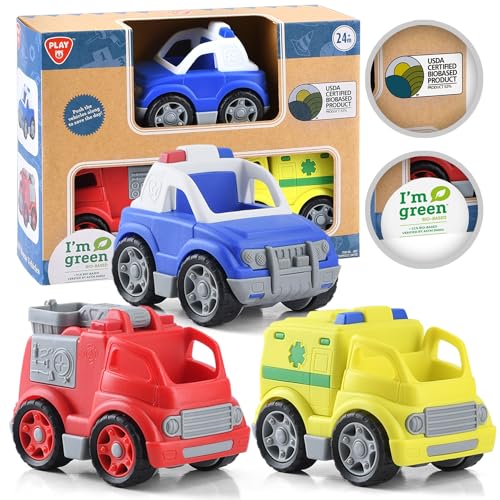 PLAY EcoFriendly 3 in 1 Emergency Vehicle Toy Set USDA Certified No BPAPhthalatePVC Recycled Bioplastic Rescue Vehicle with Fire Truck Police Car Ambulance Toy - Image 1