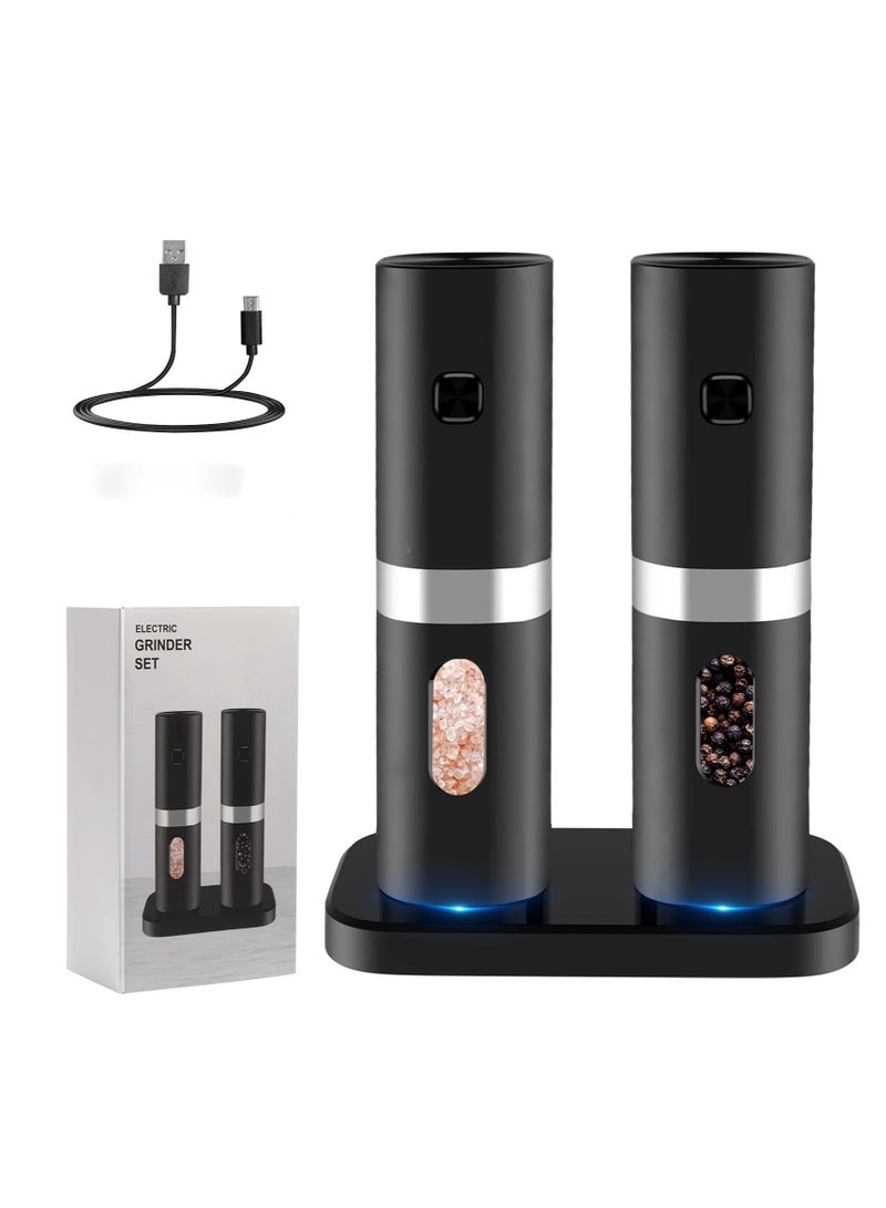 Rechargeable Electric Salt and Pepper Grinder Set with Double Charging Base, Support Battery Operated, Refillable Spice Automatic Mill Shakers Set with Adjustable Coarseness & LED Light - Image 1