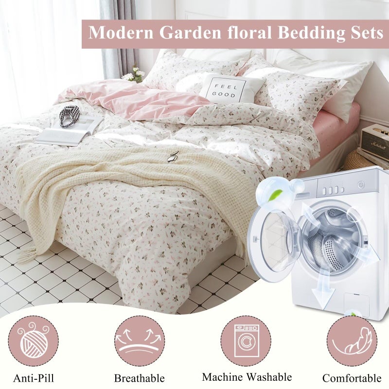 VC Life VClife Queen Cotton Duvet Cover Pink White Floral Bedding Sets, Vintage Style Flower Branches Pattern Duvet Covers with Zipper Closure- 1 Duvet Cover and 2 Pillow Covers, Breathable Lightweight - Image 3