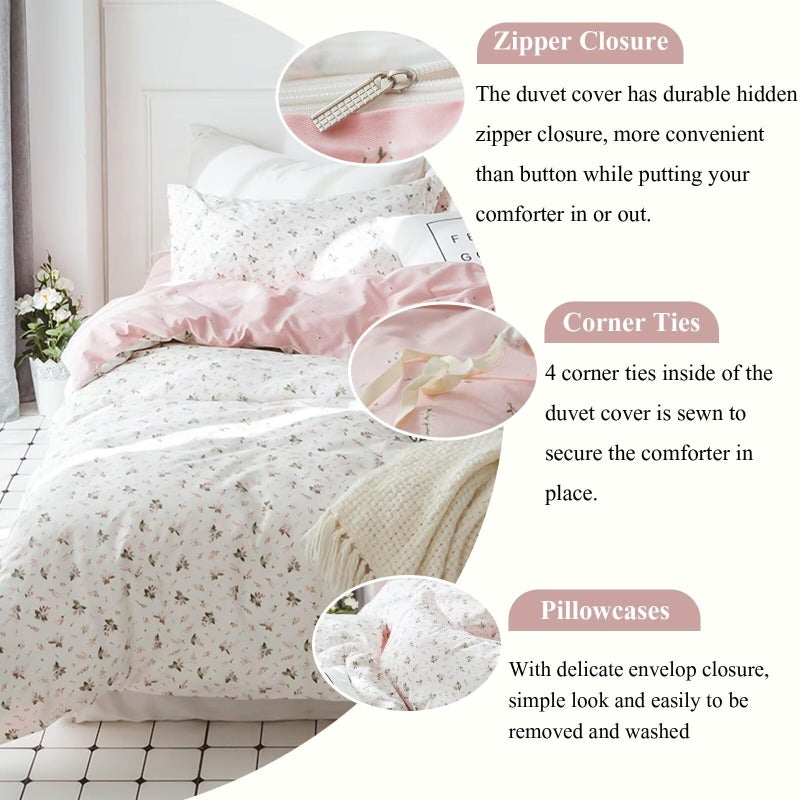 VC Life VClife Queen Cotton Duvet Cover Pink White Floral Bedding Sets, Vintage Style Flower Branches Pattern Duvet Covers with Zipper Closure- 1 Duvet Cover and 2 Pillow Covers, Breathable Lightweight - Image 4