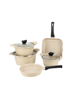 ALBERTO 8 Piece Cast Aluminum Cookware Set Cream Granite - 20/24/28Cm Casserole With Glass Lid & 24Cm Frypan & 28Cm Grill Pan  - Image 4