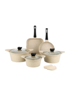 ALBERTO 8 Piece Cast Aluminum Cookware Set Cream Granite - 20/24/28Cm Casserole With Glass Lid & 24Cm Frypan & 28Cm Grill Pan  - Image 1