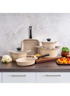 ALBERTO 8 Piece Cast Aluminum Cookware Set Cream Granite - 20/24/28Cm Casserole With Glass Lid & 24Cm Frypan & 28Cm Grill Pan  - Image 2