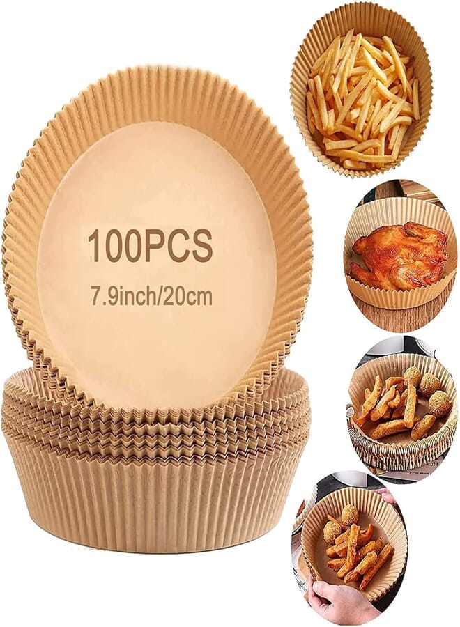 100 Pcs Air Fryer Baking Liner Paper, 20cm Round Shape Disposable Paper Liner, Non-Stick Air Fryer Liners, Food Grade Baking Paper for Air Fryer Microwave