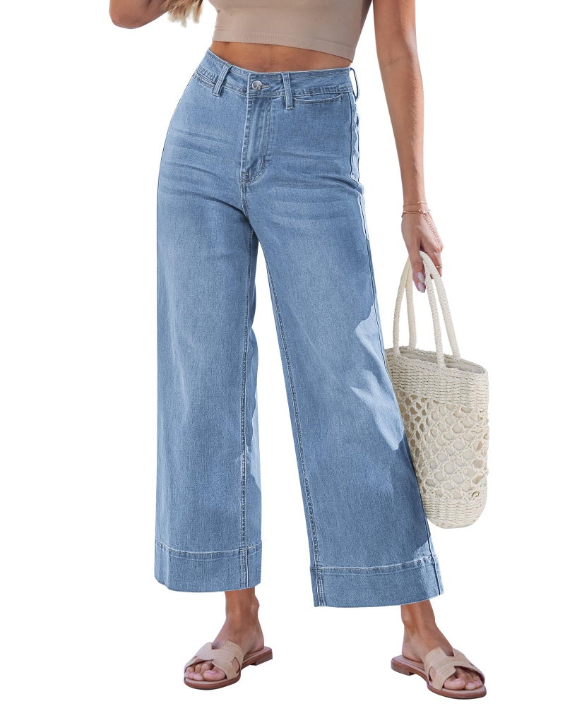 GRAPENT Womenâ€™s Jeans Womens Stretch Loose Fit for Women High Waisted Women's Short Length Wide Leg Cropped Jeans, Lakeside Blue, XL, US Size 16 to 18 - Image 1