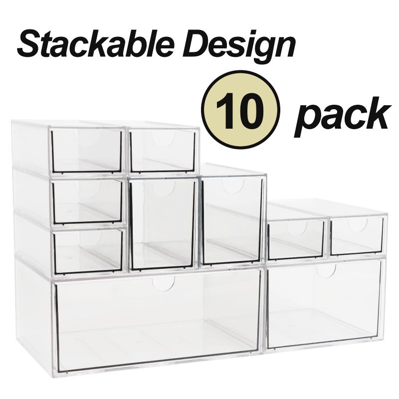 ZEXALOR Acrylic Makeup Organizer, 10 Drawers Clear Storage Organizer Desktop Stackable Storage Drawers, Plastic Organizer Bins for Makeup, Stationery, Cosmetics, Vanity, Bathroom,Cabinet,Pantry Office Desk - Image 2