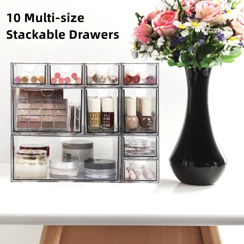 ZEXALOR Acrylic Makeup Organizer, 10 Drawers Clear Storage Organizer Desktop Stackable Storage Drawers, Plastic Organizer Bins for Makeup, Stationery, Cosmetics, Vanity, Bathroom,Cabinet,Pantry Office Desk - Image 4