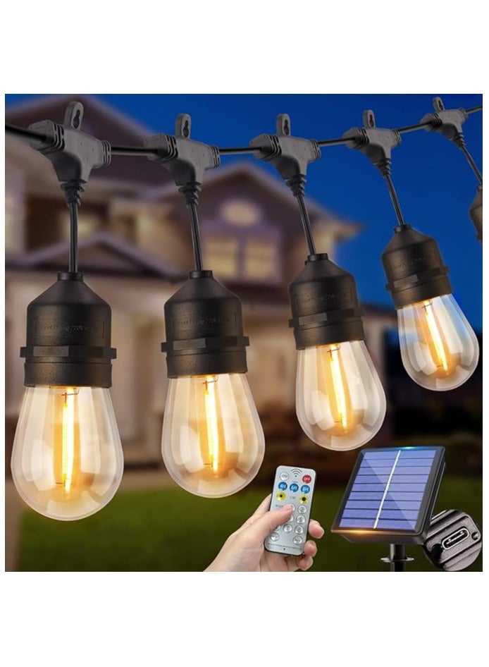 سلسلة أضواء خارجية تعمل بالطاقة الشمسية بطول 33 قدمًا، 10 أمتار، 20 لمبة إيديسون S14 مقاومة للماء والكسر، سلسلة أضواء شديدة التحمل مع جهاز تحكم عن بعد لحفلات الفناء والحديقة (8 أوضاع)، أسود (10 أمتار - 20 لمبة)، أبيض دافئ - Image 1