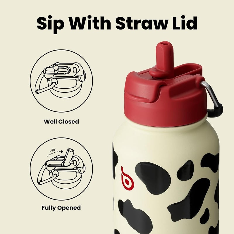 bottle bottle Insulated Stainless Steel Water Bottle 32oz capacity. Great for Sports, Travel & Gym. Includes Straw and Pill Box, Dual Use  - Cow Pattern - Image 3