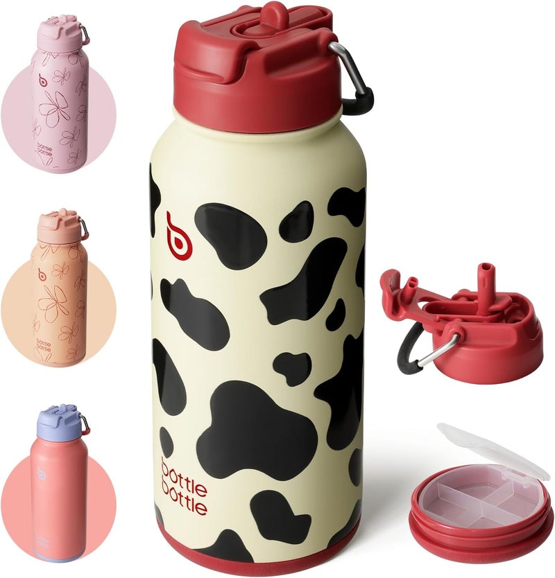 bottle bottle Insulated Stainless Steel Water Bottle 32oz capacity. Great for Sports, Travel & Gym. Includes Straw and Pill Box, Dual Use  - Cow Pattern - Image 1
