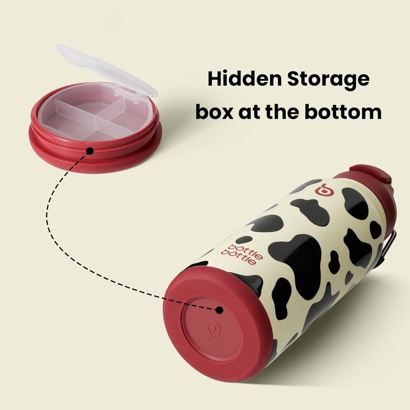 bottle bottle Insulated Stainless Steel Water Bottle 32oz capacity. Great for Sports, Travel & Gym. Includes Straw and Pill Box, Dual Use  - Cow Pattern - Image 2