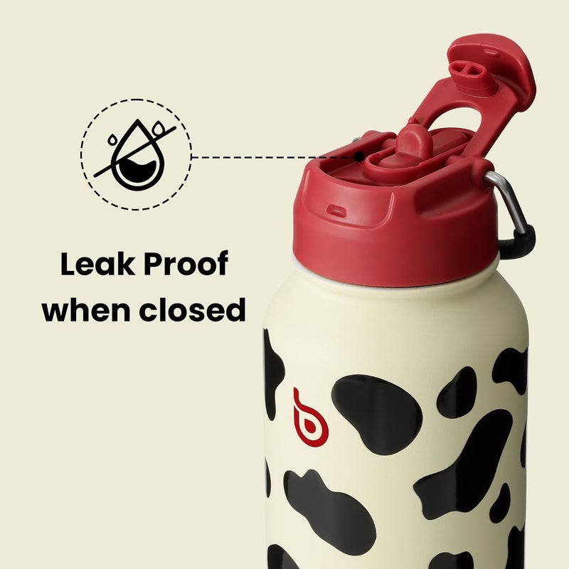 bottle bottle Insulated Stainless Steel Water Bottle 32oz capacity. Great for Sports, Travel & Gym. Includes Straw and Pill Box, Dual Use  - Cow Pattern - Image 4