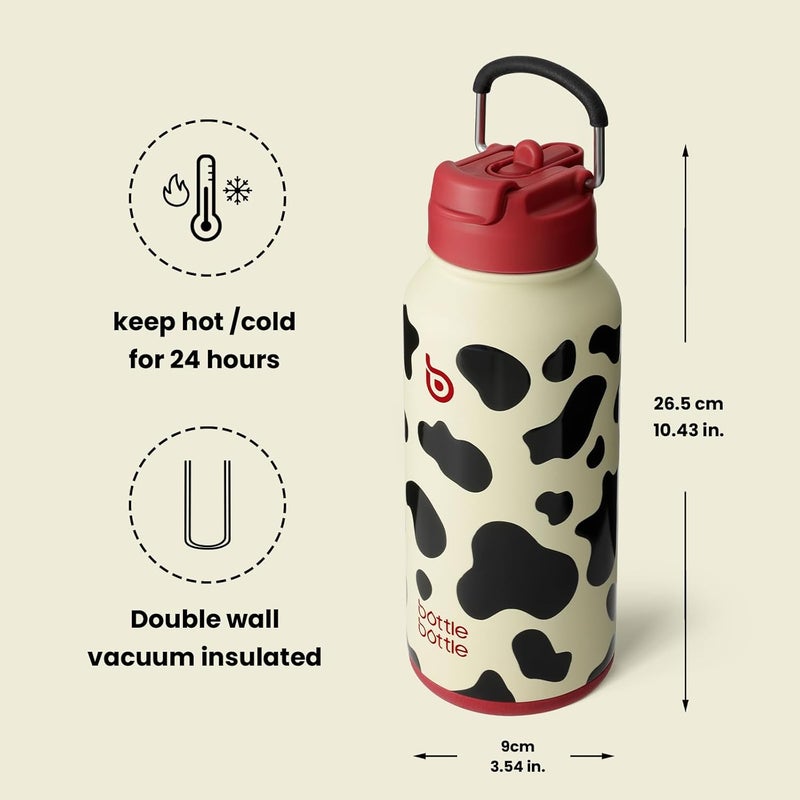 bottle bottle Insulated Stainless Steel Water Bottle 32oz capacity. Great for Sports, Travel & Gym. Includes Straw and Pill Box, Dual Use  - Cow Pattern - Image 5