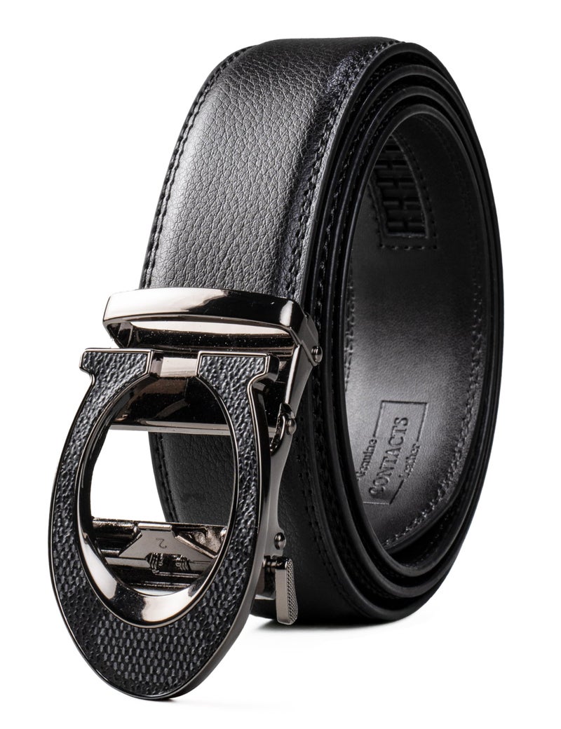 Contacts Leather Belt for Men Formal and Casual - Automatic Ratchet Belts - (C Logo “Gunmetal Black” Waist Size Fit From 28" to 42”) - Image 1