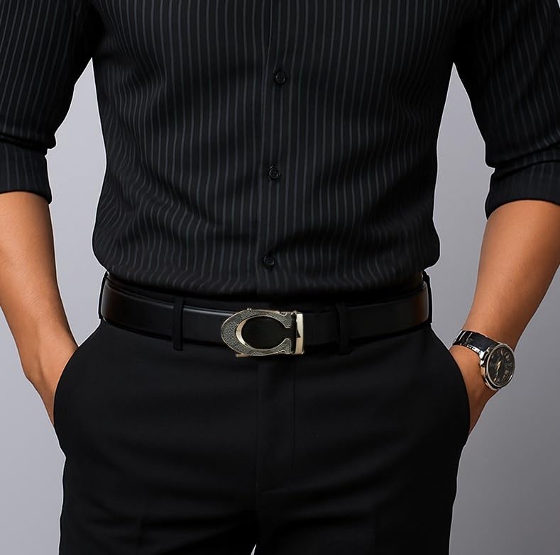 Contacts Leather Belt for Men Formal and Casual - Automatic Ratchet Belts - (C Logo “Gunmetal Black” Waist Size Fit From 28" to 42”) - Image 5