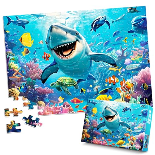 Jeacirio 100 Piece Puzzles for Kids Ages 48 Grinning Shark Marine Life Jigsaw Puzzles for Kids Ages 35 68 810 Year Old Colorful Undersea World Puzzles for Boys and Girls Educational Learning Toys - Image 1