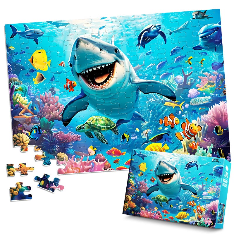 Jeacirio 100 Piece Puzzles for Kids Ages 48 Grinning Shark Marine Life Jigsaw Puzzles for Kids Ages 35 68 810 Year Old Colorful Undersea World Puzzles for Boys and Girls Educational Learning Toys - Image 3