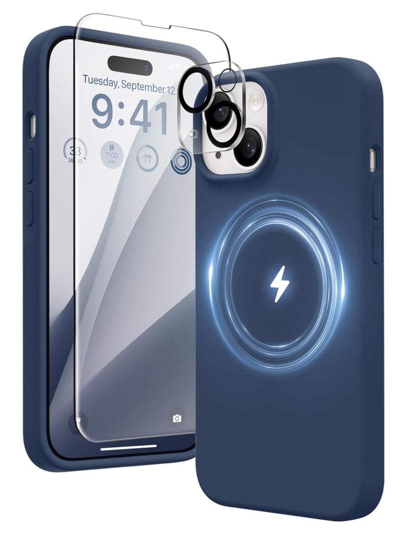 "5-in-1 Magnetic Case for iPhone 15 – Slim Full Body Skin-Like Silicone Cover (6.1") in Dark Blue, Compatible with MagSafe, Includes 2X Screen Protectors and Camera Lens Protectors" - Image 1