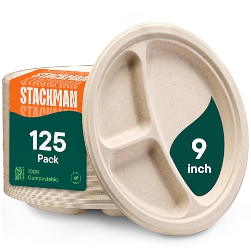 Stack Man 100% Compostable, 3 Compartment, Disposable Paper Plates [125-Pack] - {PFAS Free} - {BPA Certified} - [9 Inch] Heavy Duty Biodegradable Bagasse Sectional Lunch Trays + Dividers - Divided Platte Tray - Image 1