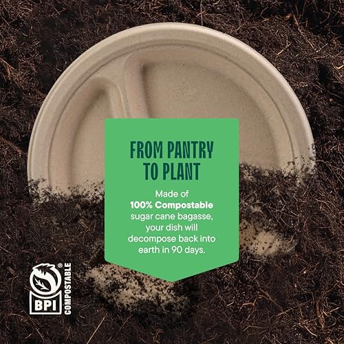 Stack Man 100% Compostable, 3 Compartment, Disposable Paper Plates [125-Pack] - {PFAS Free} - {BPA Certified} - [9 Inch] Heavy Duty Biodegradable Bagasse Sectional Lunch Trays + Dividers - Divided Platte Tray - Image 5