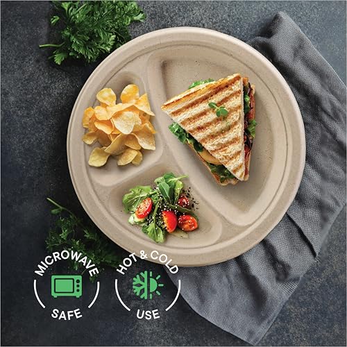 Stack Man 100% Compostable, 3 Compartment, Disposable Paper Plates [125-Pack] - {PFAS Free} - {BPA Certified} - [9 Inch] Heavy Duty Biodegradable Bagasse Sectional Lunch Trays + Dividers - Divided Platte Tray - Image 4