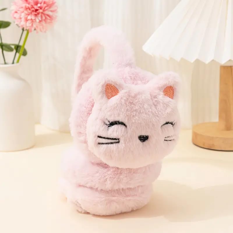 THE DDS STORE Cute Cat Fluffy Ear Muff for Women Plush Foldable Earmuffs Kids Winter Earmuffs Girls Boys Cold Weather Ear Warmer (Pink) - Image 2