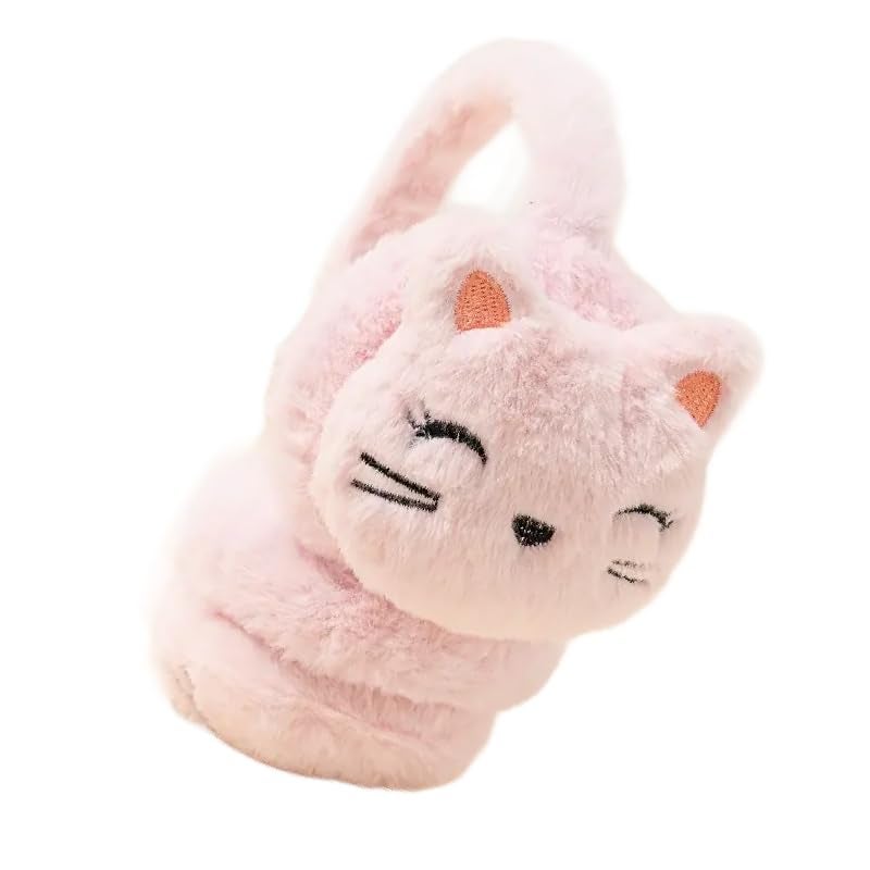 THE DDS STORE Cute Cat Fluffy Ear Muff for Women Plush Foldable Earmuffs Kids Winter Earmuffs Girls Boys Cold Weather Ear Warmer (Pink) - Image 1