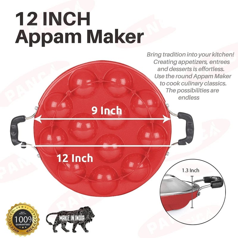 HEYOL Appam Maker Non Stick with lid Appe Tawa Pan with Lid Appam Kadai Idli Cooker Pan Cake Ponganal Maker idali Maker kadai litti Maker Paniyaram pan Pancake Red - Image 5