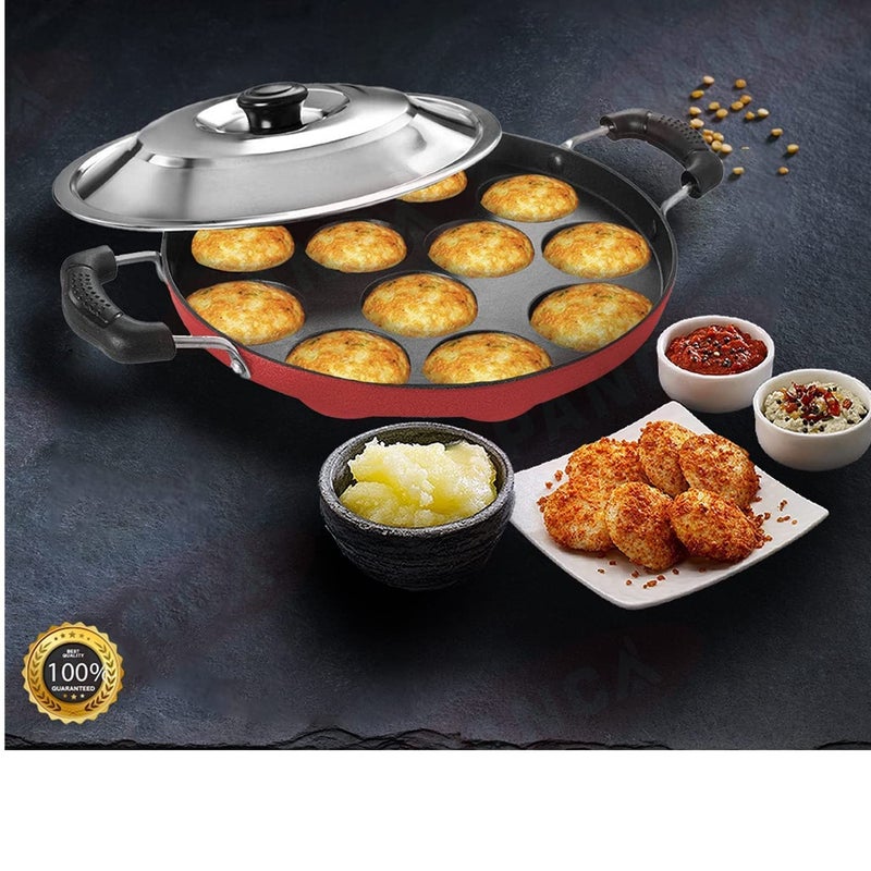 HEYOL Appam Maker Non Stick with lid Appe Tawa Pan with Lid Appam Kadai Idli Cooker Pan Cake Ponganal Maker idali Maker kadai litti Maker Paniyaram pan Pancake Red - Image 2