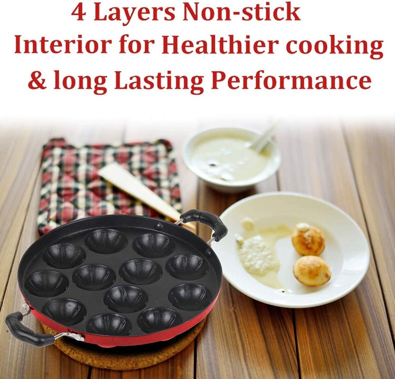 HEYOL Appam Maker Non Stick with lid Appe Tawa Pan with Lid Appam Kadai Idli Cooker Pan Cake Ponganal Maker idali Maker kadai litti Maker Paniyaram pan Pancake Red - Image 4