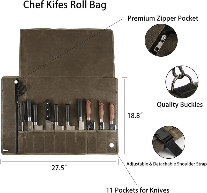 Hersent Chef’s Knife Roll Bag,Waxed Canvas Knife Cultery Carrier,Portable Chef Knife Cases,Knife Pouch Holders With 10 Slots Plus 1 Zipper Pockets Can Hold Home Kitchen Knife Tools Up To 18.8” - Image 2