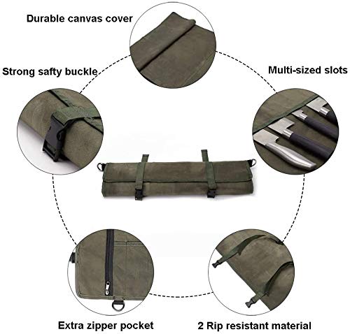 Hersent Chef’s Knife Roll Bag,Waxed Canvas Knife Cultery Carrier,Portable Chef Knife Cases,Knife Pouch Holders With 10 Slots Plus 1 Zipper Pockets Can Hold Home Kitchen Knife Tools Up To 18.8” - Image 3