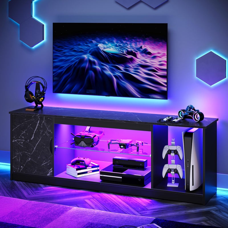 Bestier LED TV Stand for 556065 Inch TV Gaming Entertainment Center with Cabinet for PS5 XboxModern TV Cabinet with Adjustable Glass Shelves for Living Room Bedroom 57 InchBlack