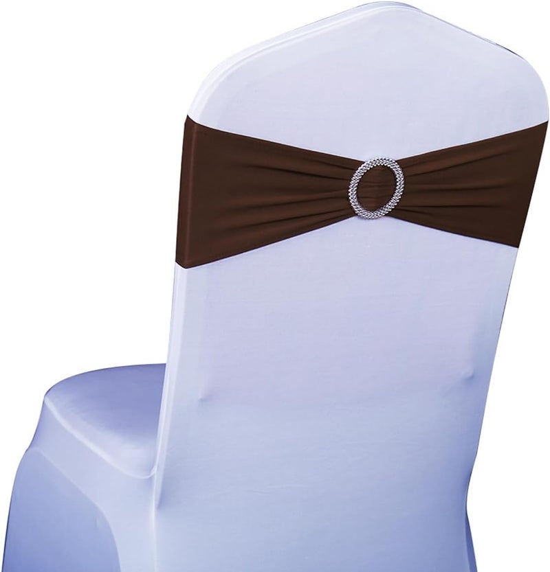 SINSSOWL 100PCS Stretch Wedding Brown Chair Sashes Bands with Buckle Slider Sashes Bow Decorations 25 Colors (Chocolate) - Image 1