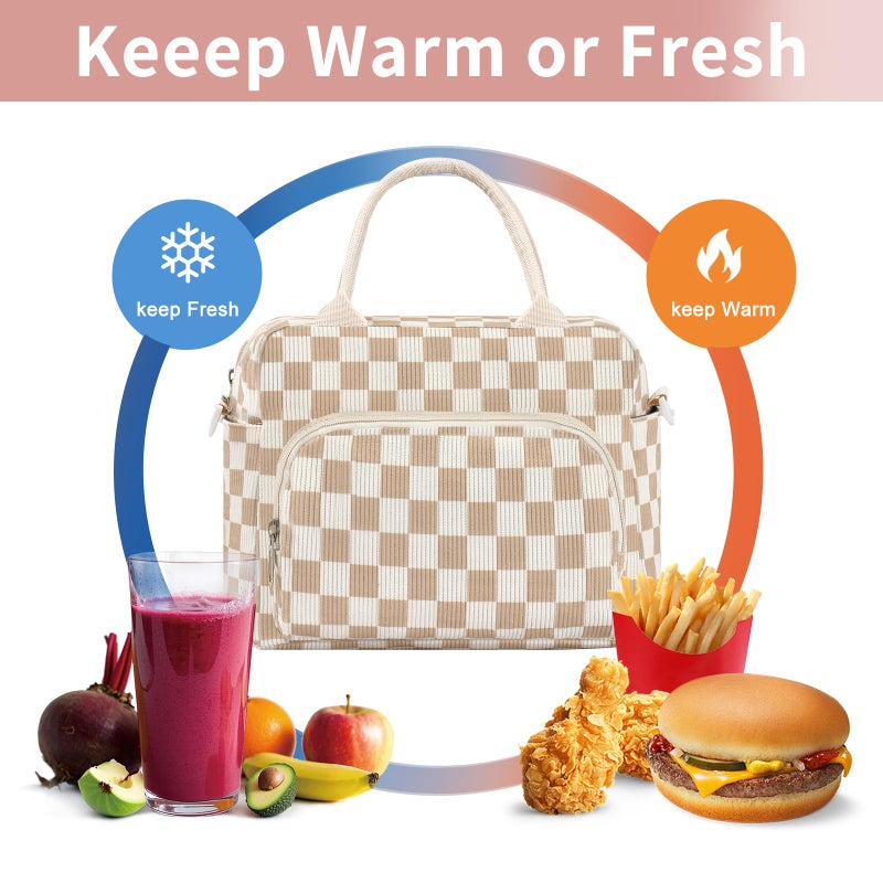 GASSDA Lunch Box for Women Insulated Lunch Bag Women Adult Cute Lunch Bags Reusable Lunchbox Cooler Tote Bag for Work Picnic (Beige-Brown Plaid) - Image 5