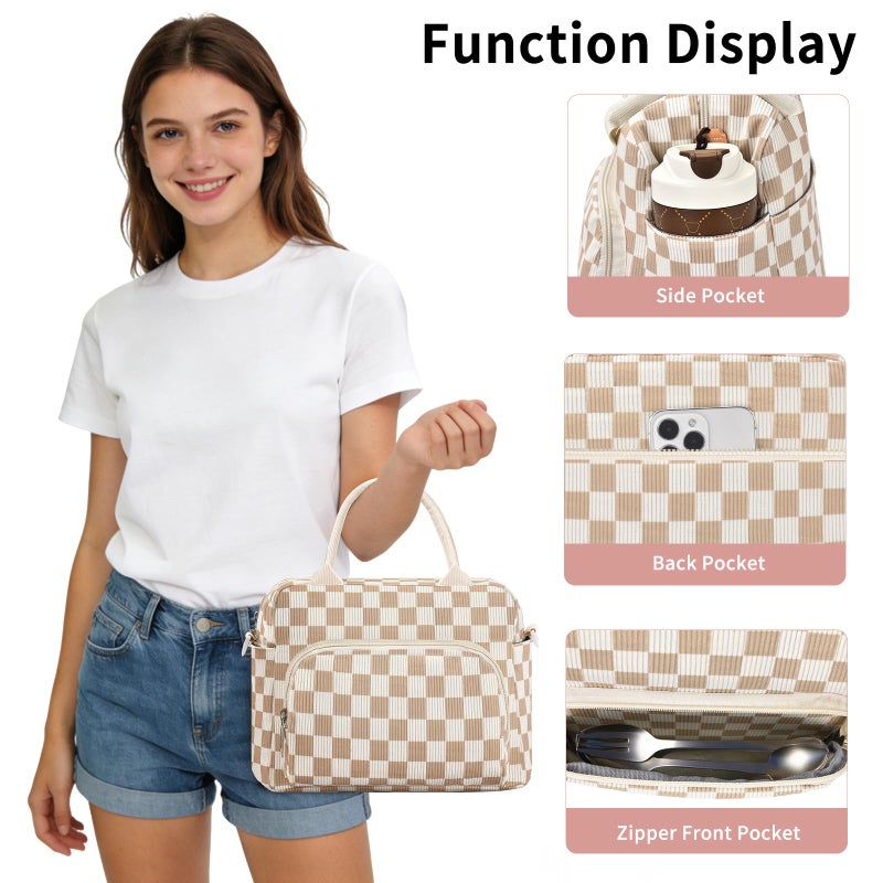 GASSDA Lunch Box for Women Insulated Lunch Bag Women Adult Cute Lunch Bags Reusable Lunchbox Cooler Tote Bag for Work Picnic (Beige-Brown Plaid) - Image 4