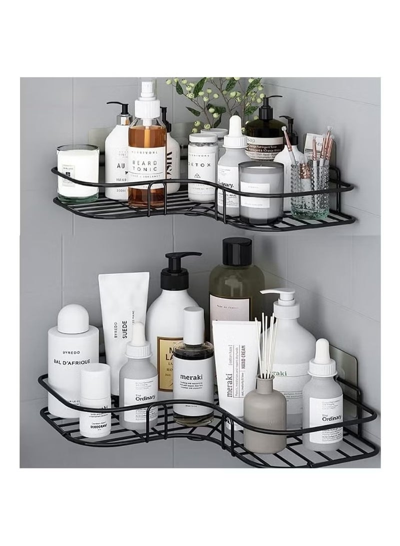 2 رفّ حمام معدنيّ زاويّ، مزودان بملصق مقاوم للصدأ، بتصميم سلة لمنع تراكم الماء، ولتنظيم جميع مستلزمات الحمام. مطليّ بطلاء عالي الجودة - رفّ دشّ زاويّ، ذاتيّ اللصق، لا يحتاج إلى حفر، مُنظّم لأدوات الحمام والمطبخ والمرحاض. - Image 1