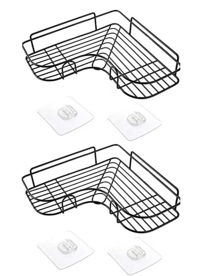 2 رفّ حمام معدنيّ زاويّ، مزودان بملصق مقاوم للصدأ، بتصميم سلة لمنع تراكم الماء، ولتنظيم جميع مستلزمات الحمام. مطليّ بطلاء عالي الجودة - رفّ دشّ زاويّ، ذاتيّ اللصق، لا يحتاج إلى حفر، مُنظّم لأدوات الحمام والمطبخ والمرحاض. - Image 2