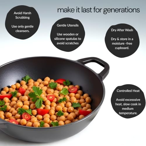 NUTRION Pre Seasoned Cast Iron Kadai 8 Inch/ 1.5 LTR | Heavy Duty Wok for Curry, Biryani & Sabzi | Naturally Nonstick Kadhai, Gas/Induction Compatible, 100% Pure & Toxin-Free, No Chemical Coating - Image 2