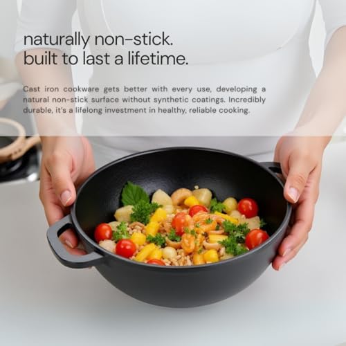 NUTRION Pre Seasoned Cast Iron Kadai 8 Inch/ 1.5 LTR | Heavy Duty Wok for Curry, Biryani & Sabzi | Naturally Nonstick Kadhai, Gas/Induction Compatible, 100% Pure & Toxin-Free, No Chemical Coating - Image 3