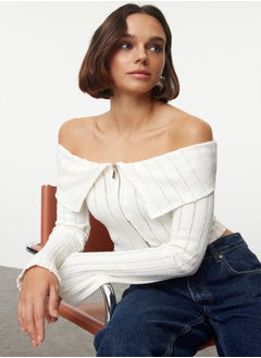 Ecru Zipper Detailed Carmen Collar Crop/Short Regular/Normal Fit Knitted Blouse TWOAW25BZ00070