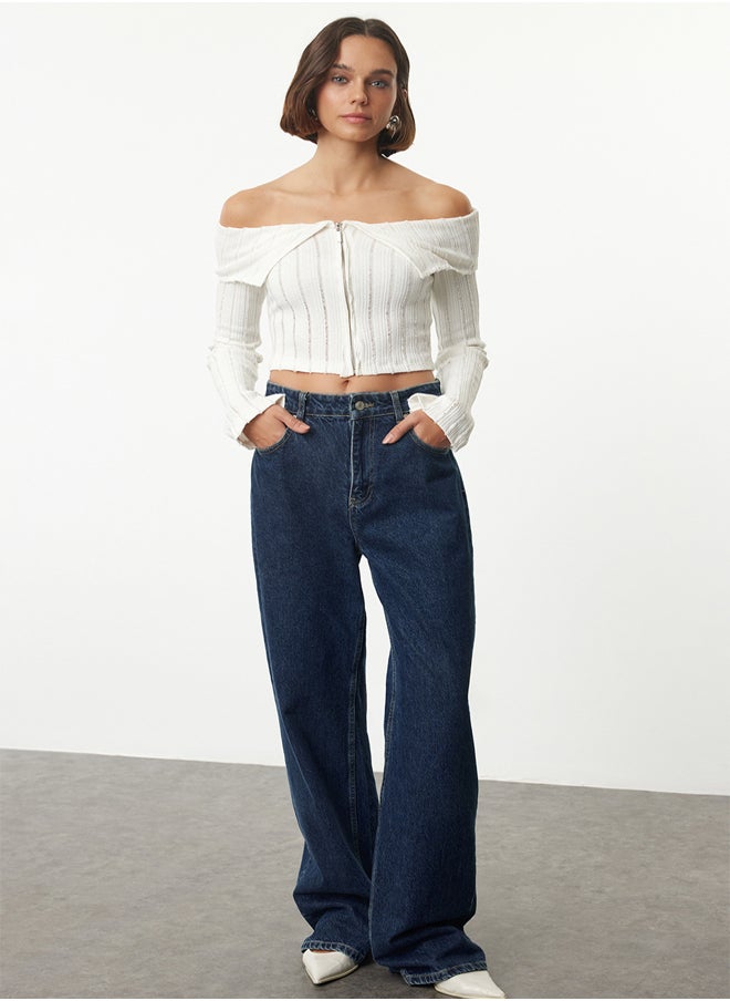 trendyol - Ecru Zipper Detailed Carmen Collar Crop/Short Regular/Normal Fit Knitted Blouse TWOAW25BZ00070 - Image 1