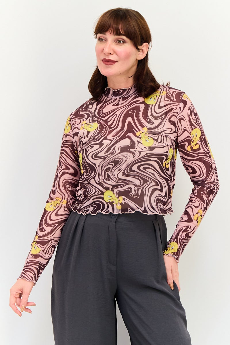 Lefties بلوزة نسائية بأكمام طويلة وطباعة تجريدية من ليفتيز × لوني تونز، متعددة الألوان - Image 1