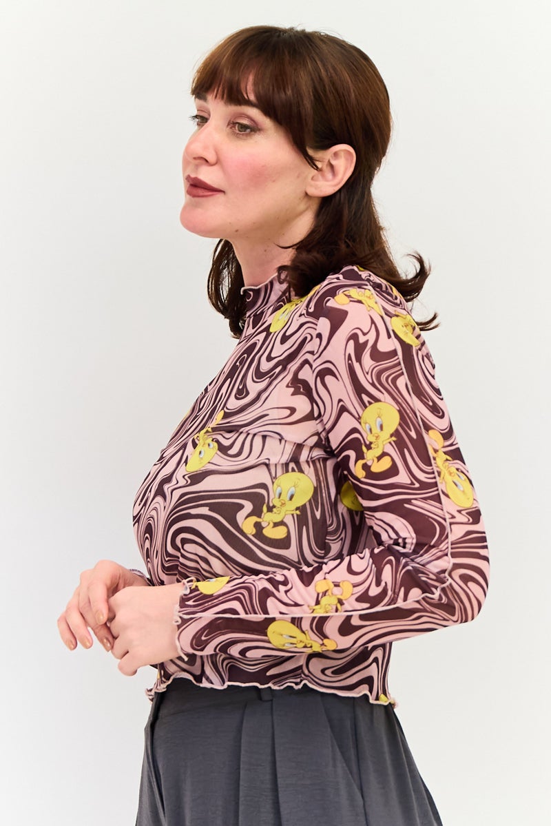 Lefties x Looney Tunes Women Ruffle Neck Long Sleeve Abstract Print Top, Multicolor - Image 2