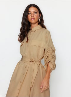 trendyol Beige Belted Sleeves Adjustable Detailed Buttoned Cotton Woven Shirt Dress TCTSS23EB00365  - Image 3