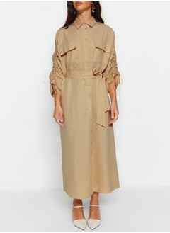 trendyol Beige Belted Sleeves Adjustable Detailed Buttoned Cotton Woven Shirt Dress TCTSS23EB00365  - Image 5