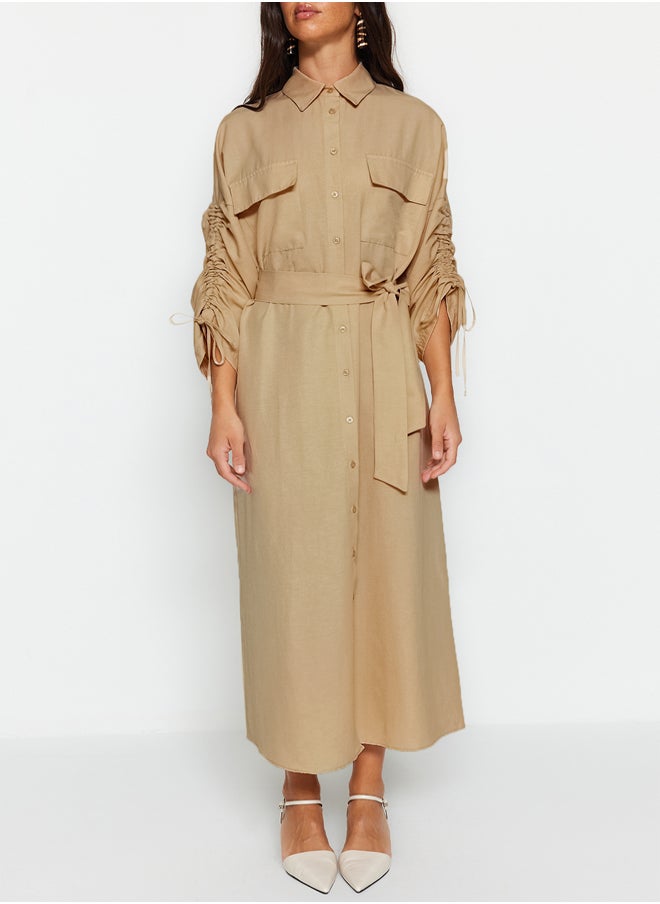 trendyol Beige Belted Sleeves Adjustable Detailed Buttoned Cotton Woven Shirt Dress TCTSS23EB00365  - Image 5