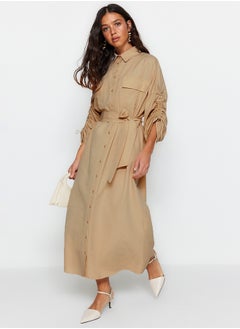 trendyol Beige Belted Sleeves Adjustable Detailed Buttoned Cotton Woven Shirt Dress TCTSS23EB00365  - Image 1