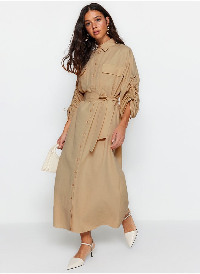 trendyol Beige Belted Sleeves Adjustable Detailed Buttoned Cotton Woven Shirt Dress TCTSS23EB00365  - Image 1