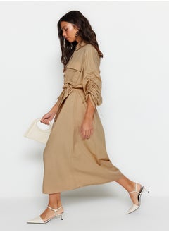 trendyol Beige Belted Sleeves Adjustable Detailed Buttoned Cotton Woven Shirt Dress TCTSS23EB00365  - Image 2